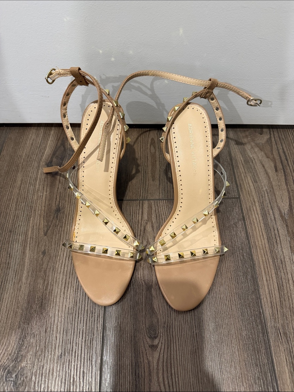 Adrienne Vittadini Nude and Gold Studded Ankle-Strap Sandals NEW